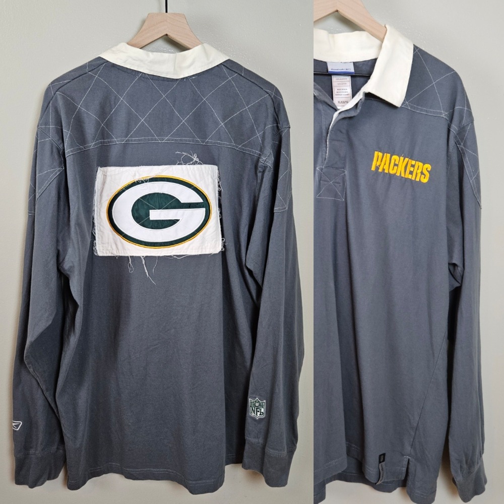 Reebok Green Bay Packers Applique‎ Polo Shirt Men's Sz XL Grey Ivory Embroidered
